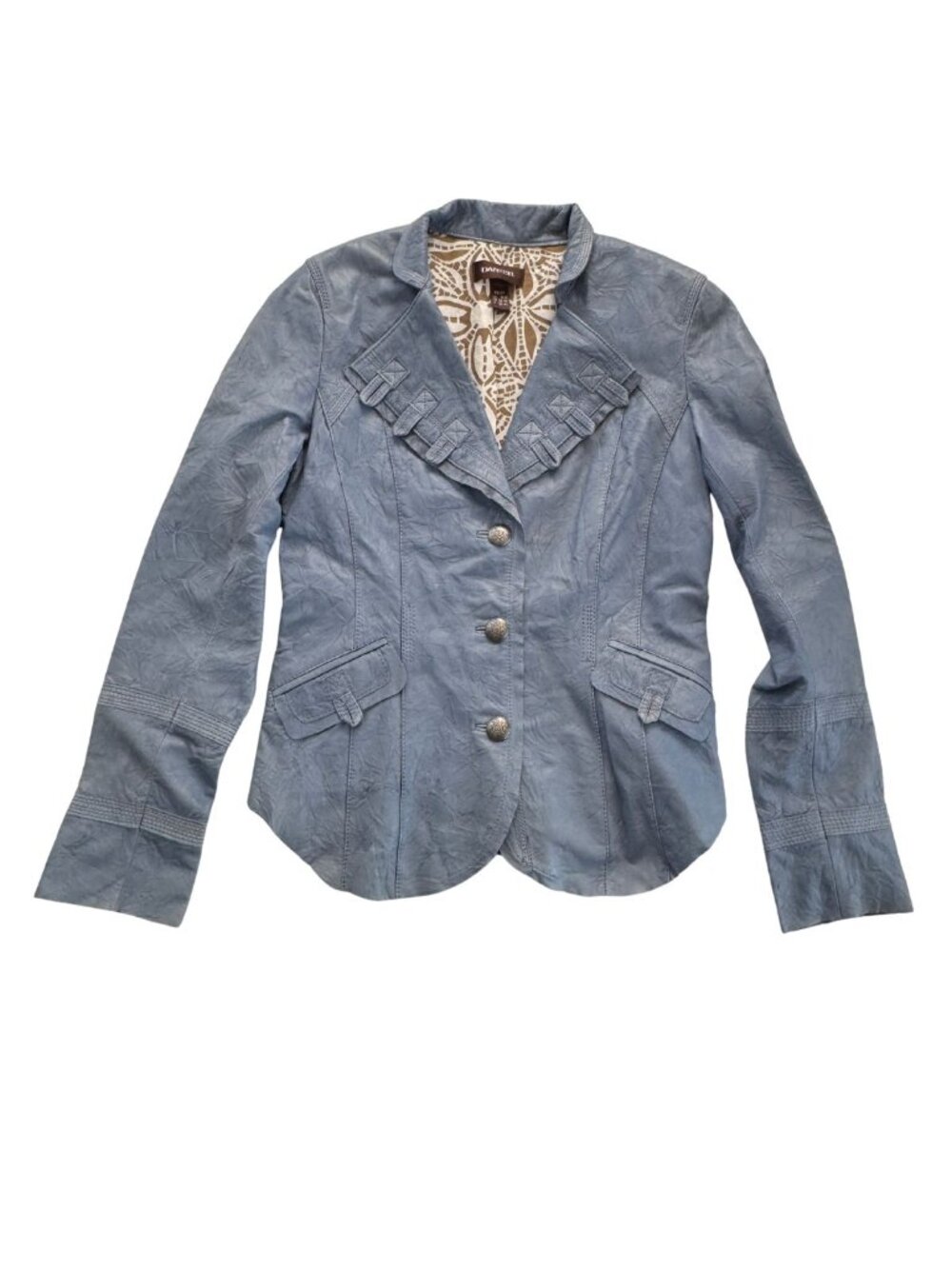 Y2K Danier Light Blue Genuine Leather Blazer Jacket Ruffle Lapel Boho Western